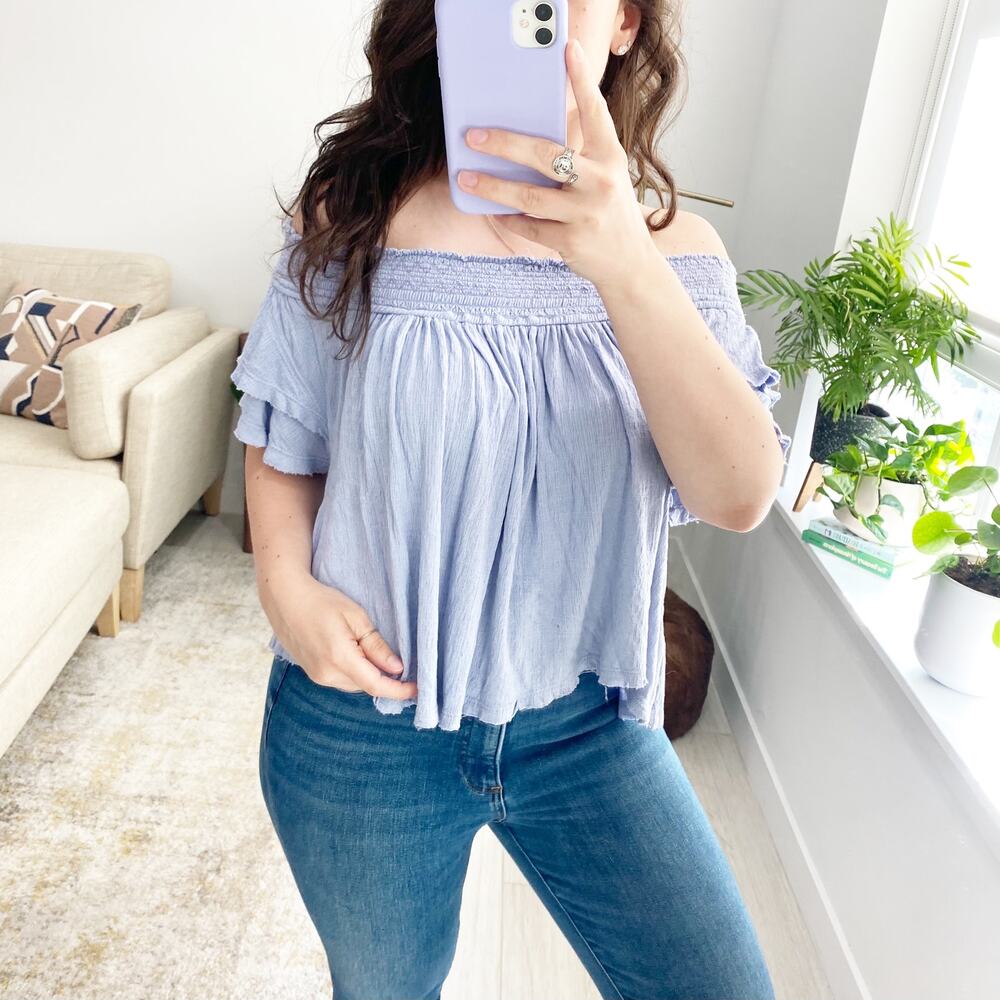 Free People Blue Off the Shoulder Top Size Small